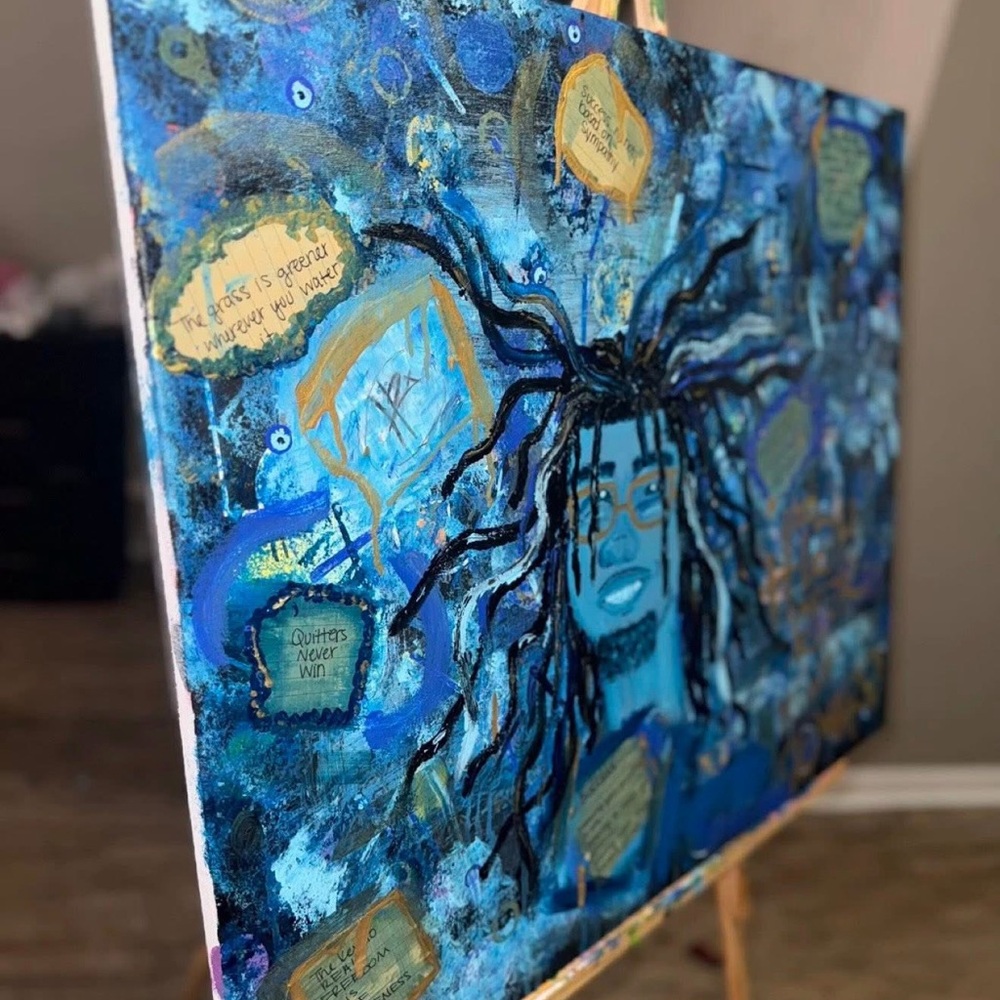Vibrant Blue and Gold Abstract Canvas - Picture 5 of 10